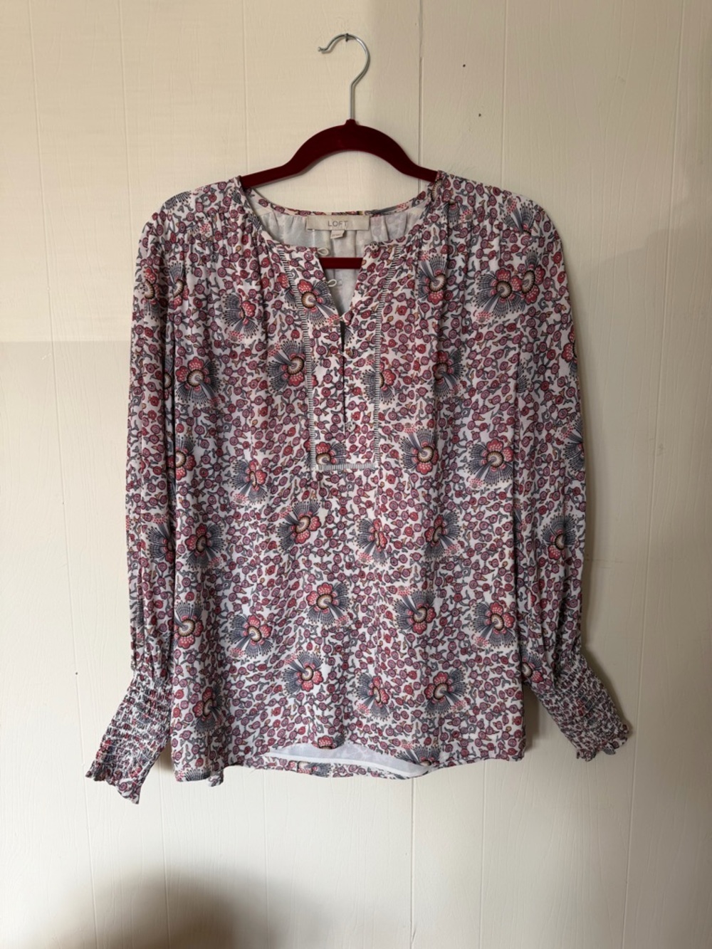LOFT Pink Floral Long-Sleeve Peasant Blouse